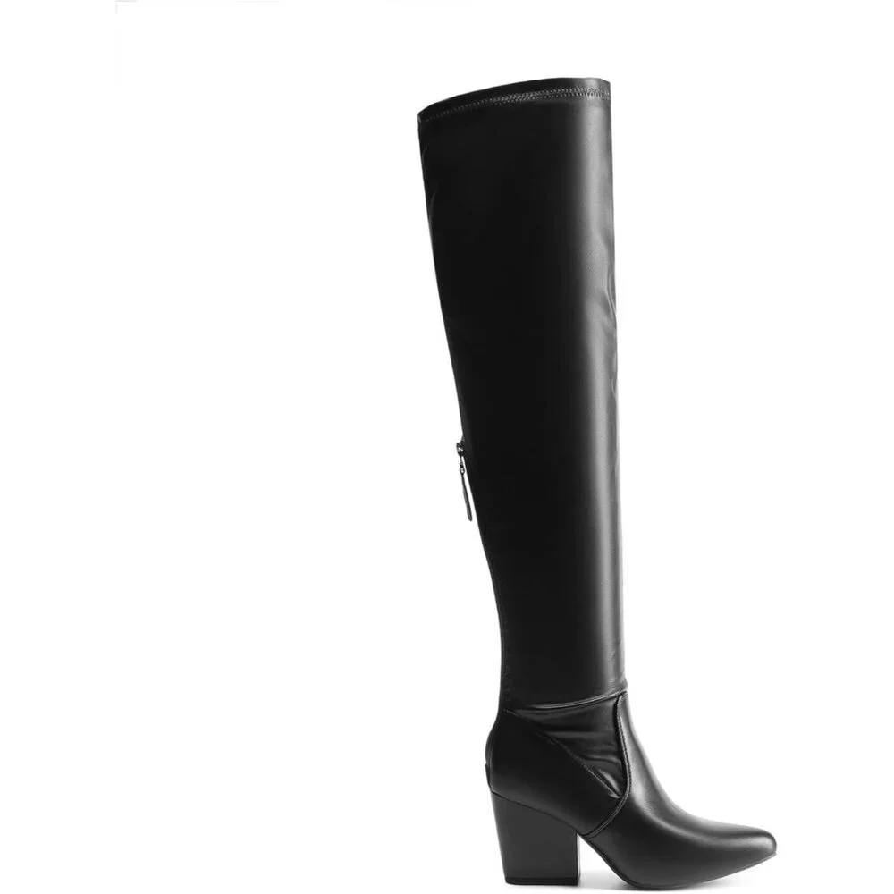 Women's Black-Pu Thigh High Knee Chunky Pointed Toe Long Block Stylish Heel Boot - Picture 3 of 7